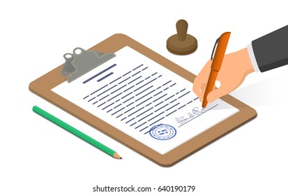 Hand Signing Document On Clipboard Accompanied By Pencil And Stamp. Isometric Vector Illustration