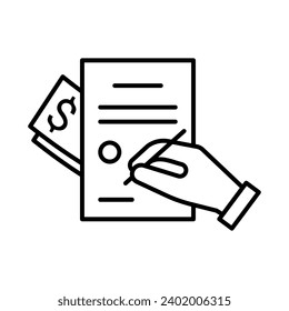 Hand signing document with signature with money bribe, line icon. Pay paper agreement, service work. Vector illustration