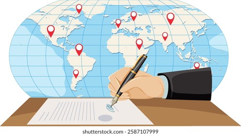 Hand signing document with world map background