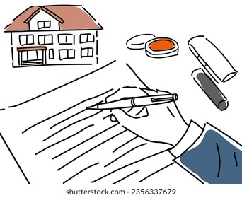 hand signing documents for residential purchase agreement and seal illustration, vector