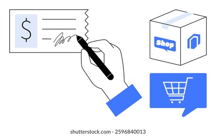 Hand signing a dollar check, delivery package with shop label, shopping cart in blue speech bubble. Ideal for payment, e-commerce, shopping, delivery, retail, finance, online business. Line metaphor