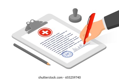 Hand signing medical document on clipboard accompanied by pencil and stamp. Isometric vector illustration