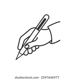 Hand signing with a pen line art on white background.