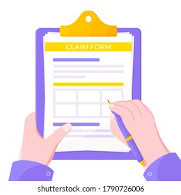 Hand signs clipboard with claim form on it, paper sheets, pen isolated on white background flat style design vector illustration. Concept of fill out or online survey insurance application form.