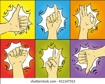 Hand signs collection. Pop art retro comic style vector illustration.