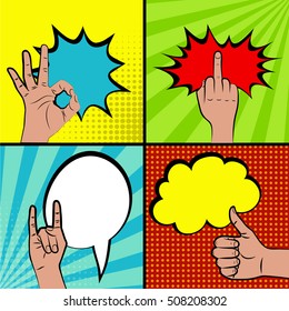 Hand signs comics book text pop art style. Gestures Set. Cartoon background vector colored set. Halftone hand drawn finger ok sign thumb up middle finger, peace. Like dislike hand signs
