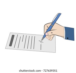 the hand signs the document. document circulation and legal registration. vector illustration.