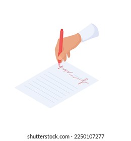 Hand signs document. Partnership profitable business agreement with financial consent and approval for legal vector design