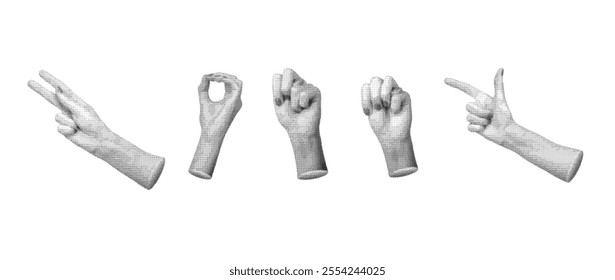 Hand signs and finger gestures, isolated on white background, set.. Halftone dotted retro style vector