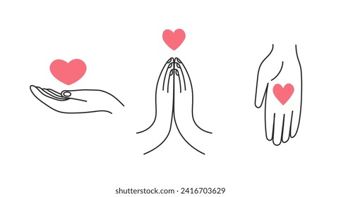 Hand signs gesture with heart set. Support symbols with fingers. Love, hope symbols. Charity message. Vector illustration. Hand drawn collection in doodle style. Flat design