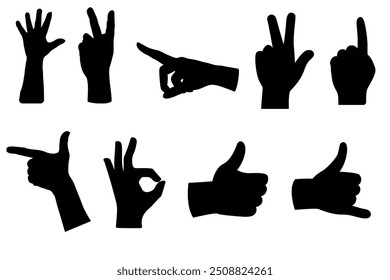 hand signs or hand gesture silhouette collection, isolated on white. Perfect hand vector for communication, design elements. Includes pointing, thumbs up, call me, super, and holding hand signs