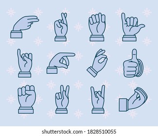 hand signs icon set over purple background, line style, vector illustration
