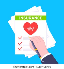 Hand Signs Medical Insurance Claim Form With File Paper Sheets Flat Style Design Vector Illustration. Concept Of Fill Out Or Online Survey Healthcare Insurance Application Form.