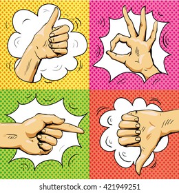 Hand signs in retro pop art style. Cartoon comic vector set. Pointing finger, ok sign, thumb up, thumb down. Like and dislike hand signs.