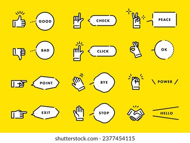 Hand signs and speech bubbles icon collection. Simple line drawing vector illustration.