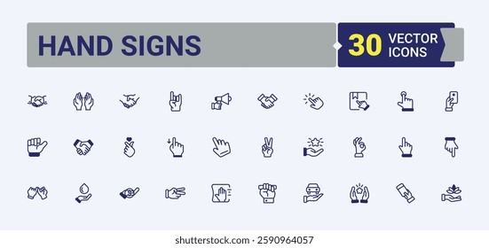 Hand Signs vector icon set. Includes icons for phone, simple, finger, handshake, clap, love, hold, slide. Outline icon. Editable vector outline and solid icons.