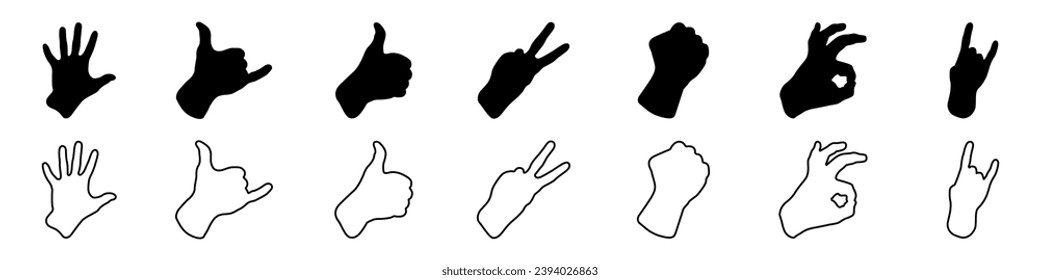 Hand signs vector set. Set of hand contours. Signs of peace, super, okay and other vector set. Silhouettes of hands vector. Set of finger signs.