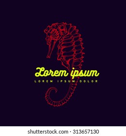 Hand silhouette drawing seahorse, logo, symbol, marine icon. Aquqrium, underwater. Colorful. 