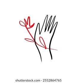 Hand silhouette and floral branch drawing, self love and care minimalist art, boho zen icon of harmony or holistic logo Reiki healing herbal meditation clip-art isolated on white background pre-made