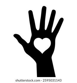 Hand silhouette with heart icon. Vector logo. Family hand.