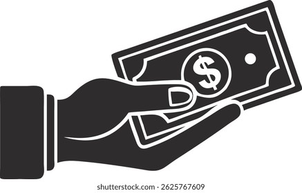 Hand silhouette holding cash money dollar bill finance transaction vector icon