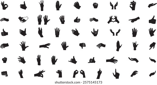 hand silhouette illustration, various hand gestures, perfect hand vector for sign language, communication visuals