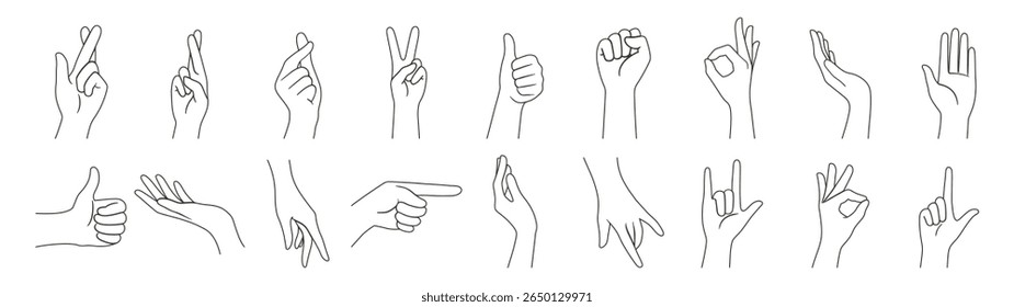 Hand Silhouette Line Collection. Vector Icons Set on Transparent Background