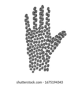 hand silhouette made of coffee beans sketch engraving vector illustration. T-shirt apparel print design. Scratch board imitation. Black and white hand drawn image.