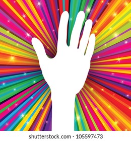 Hand silhouette on psychedelic colored abstract background. Vector, EPS 10