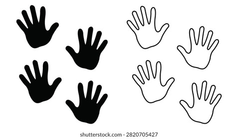 Hand silhouette and outline vector collection featuring open palm gesture icons isolated on white background for communication safety touch interface educational graphics and creative design resources.