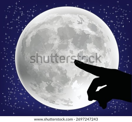 Hand silhouette pointing at the full moon in a starry night sky