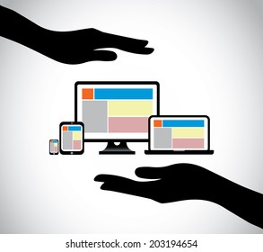 hand silhouette protecting computer tv tablet smartphone mobile. human silhouette hands taking care and supporting different electronic devices or home appliances - concept illustration art