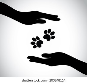 hand silhouette protecting paws of dog or cat or wild animal. human silhouette hands taking care and supporting paws of an endangered animal - concept illustration simple art