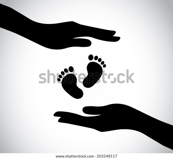 幼い新生児の足を守る手のシルエット 人間の手での看護と小さな赤ちゃんの足の世話 コンセプトイラストシンプルアート のベクター画像素材 ロイヤリティフリー