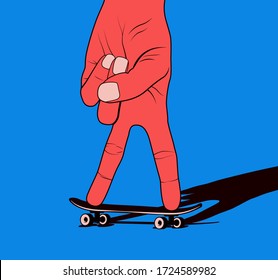 Hand silhouette riding on toy skateboard or fingerboard. Skateboarding youth culture concept illustration for sticker or poster design. Vector illustration