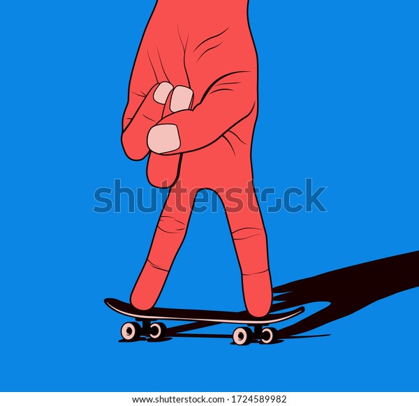 おもちゃのスケートボードや指板に手のシルエットを乗せる ステッカーやポスターデザイン用のスケートボード若者文化のコンセプトイラスト ベクターイラスト のベクター画像素材 ロイヤリティフリー