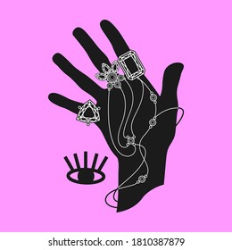 Hand silhouette with rings and crystals. Vector illustration.