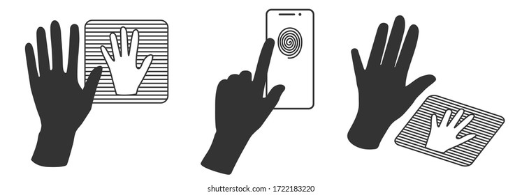 Silueta manual y sistema de escaneo para la palma humana y la huella dactilar. Concepto de identificación humana. Icono del vector en estilo de contorno.