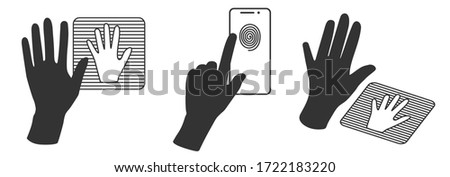 Hand silhouette and scanning system for human palm and  fingerprint. Concept of human identification. Vector icon in outline style.