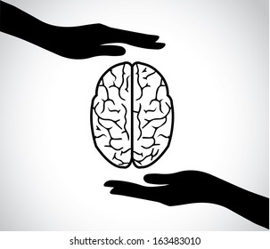 Hand Silhouettes Protecting A Human Brain Or Mind - Mental Health Services Icon Or Symbol Concept Design Vector Illustration Art