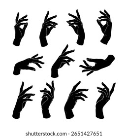 Hand silhouettes set. Elegant gestures. Black and white vector illustration.