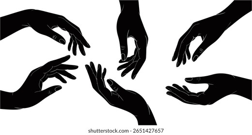 Hand silhouettes set. Elegant gestures. Black and white vector illustration.
