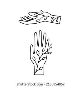 Silhouettes de mano con elementos florales. Gestos elegantes. Ilustración vectorial en blanco y negro.