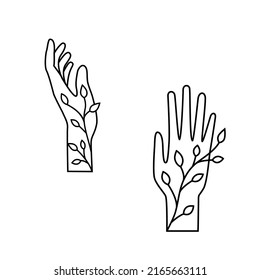 Handsilhouetten mit Blumenelementen. Elegante Gesten. Schwarz-Weiß-Vektorgrafik.