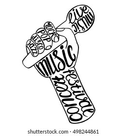 Hand singer holding the microphone, with the text. Vector illustration isolated on white