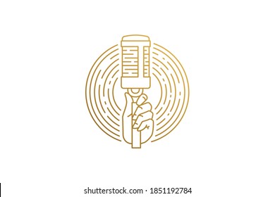 Mano del cantante con silueta de micrófono ilustración vectorial lineal. Mano de cantante sosteniendo un micrófono moderno para la industria de los programas de radio. Es bueno para la comedia levantarse emblema del logo o decoración de afiches.