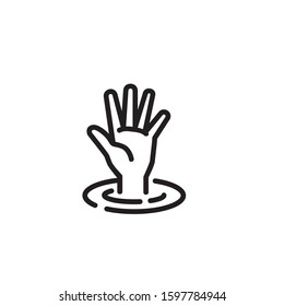 Hand sinking in water thin line icon. Drowning victim isolated outline sign. Creative help button concept. Vector illustration symbol element for web design and apps.