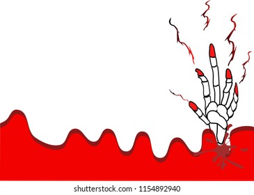 Hand skeleton In a bloody red frame Halloween icons on a white background. This card wallpaper is useful for posters, cards, invitations, personalized coloring books.