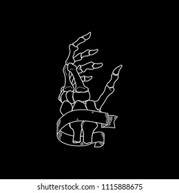 Hand skeleton with bones details in black background. Vector illustration. Handmade black line digital art. Anatomy drawing with tape and a blank space to place o name or a sentence.
