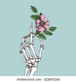 Hand skeleton with flower. Vector illustration.